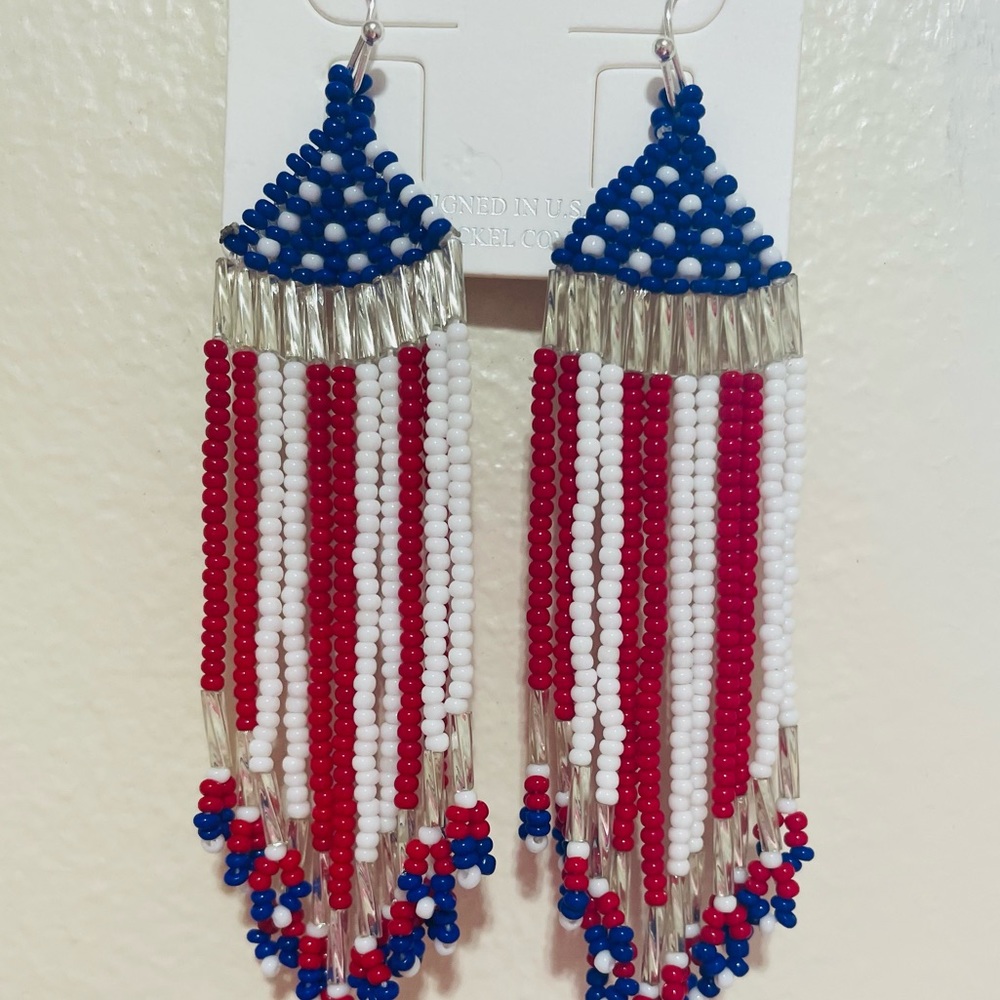 ❤️RESTOCK! Patriotic Red White Blue Silver Beaded Earrings